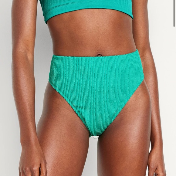 Green Textured High Waisted French Cut Bikini Bottoms - Picture 2 of 5